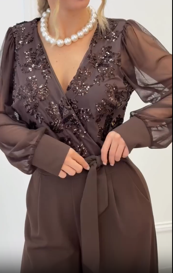 Meira - Salopetă cu Mâneci Lungi Din Plasă cu Ornamente