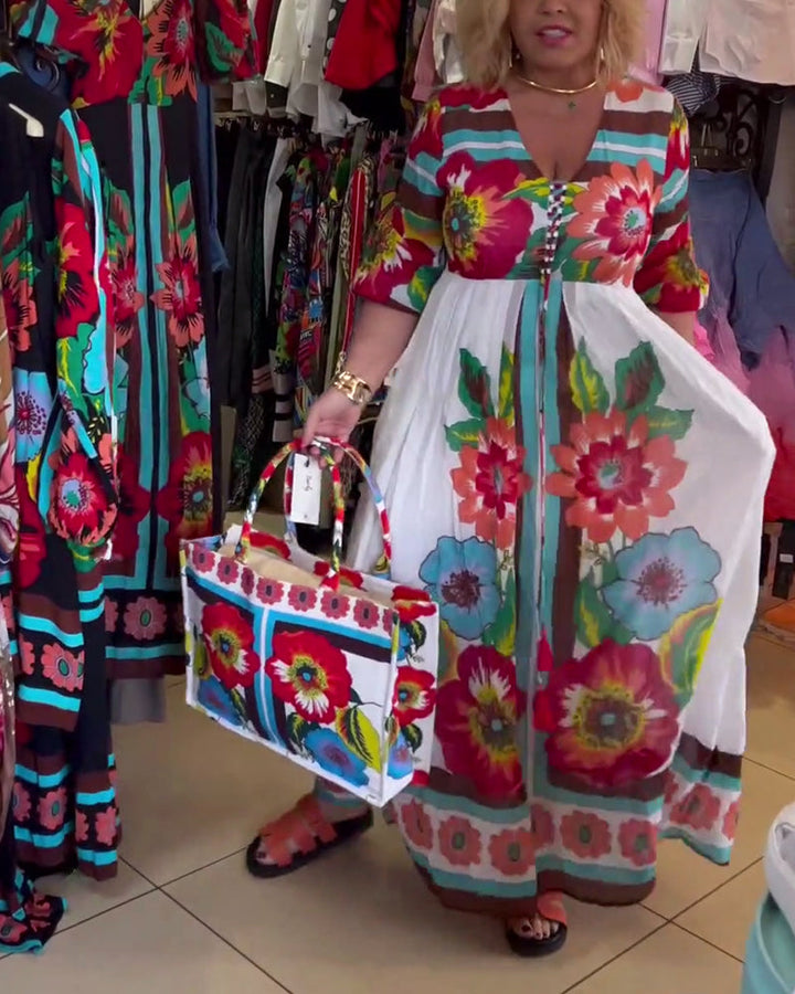 Nerijaa - Rochie Cu Imprimeu Floral și Decolteu Adânc în V