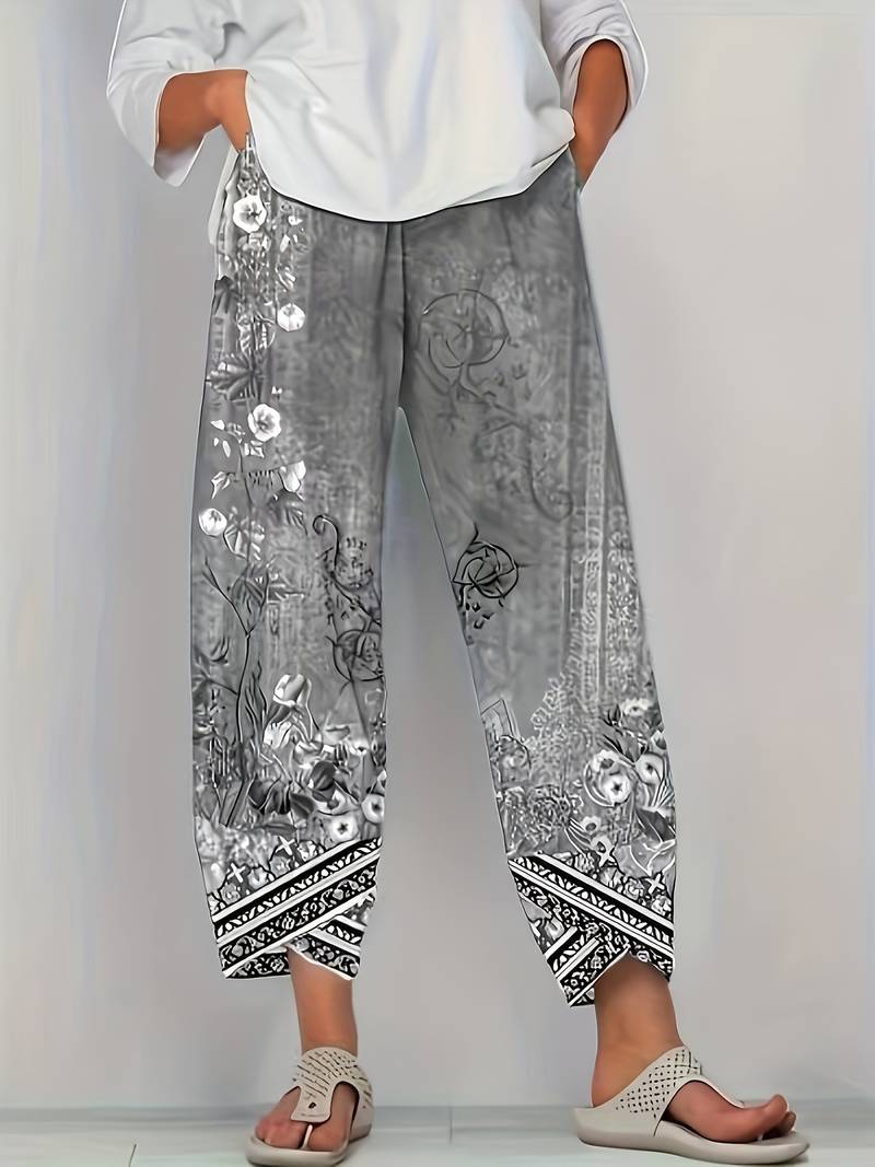 Thimasha - Pantaloni Capri cu Imprimeu Floral Vintage și Talie Elastică