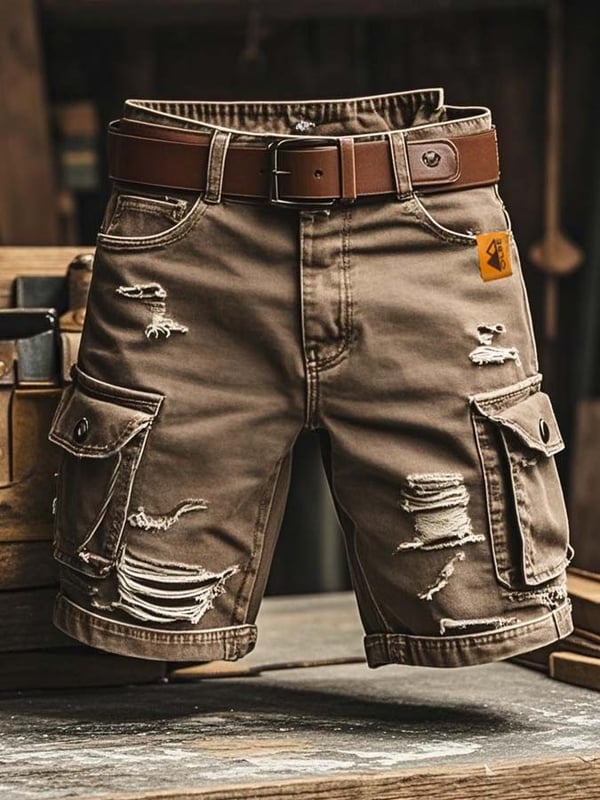Pantaloni Scurți Din Denim Funcționali Vintage Pentru Bărbați Cu Aspect Rupt
