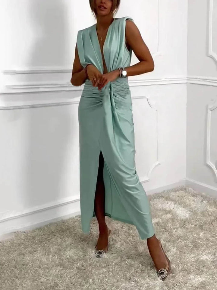 Jolira - Rochie Midi Clasică Cu Fanta Drapată Si Volane