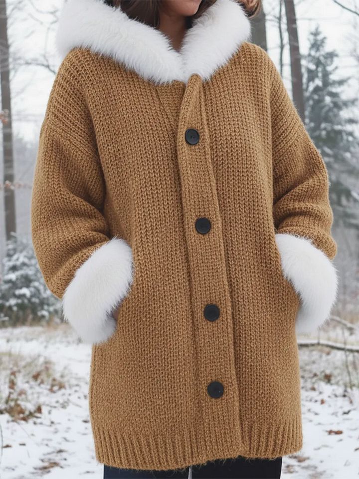 Nodia - Palton Cu Glugă Tricotat Cu Bordură Din Blană Artificială