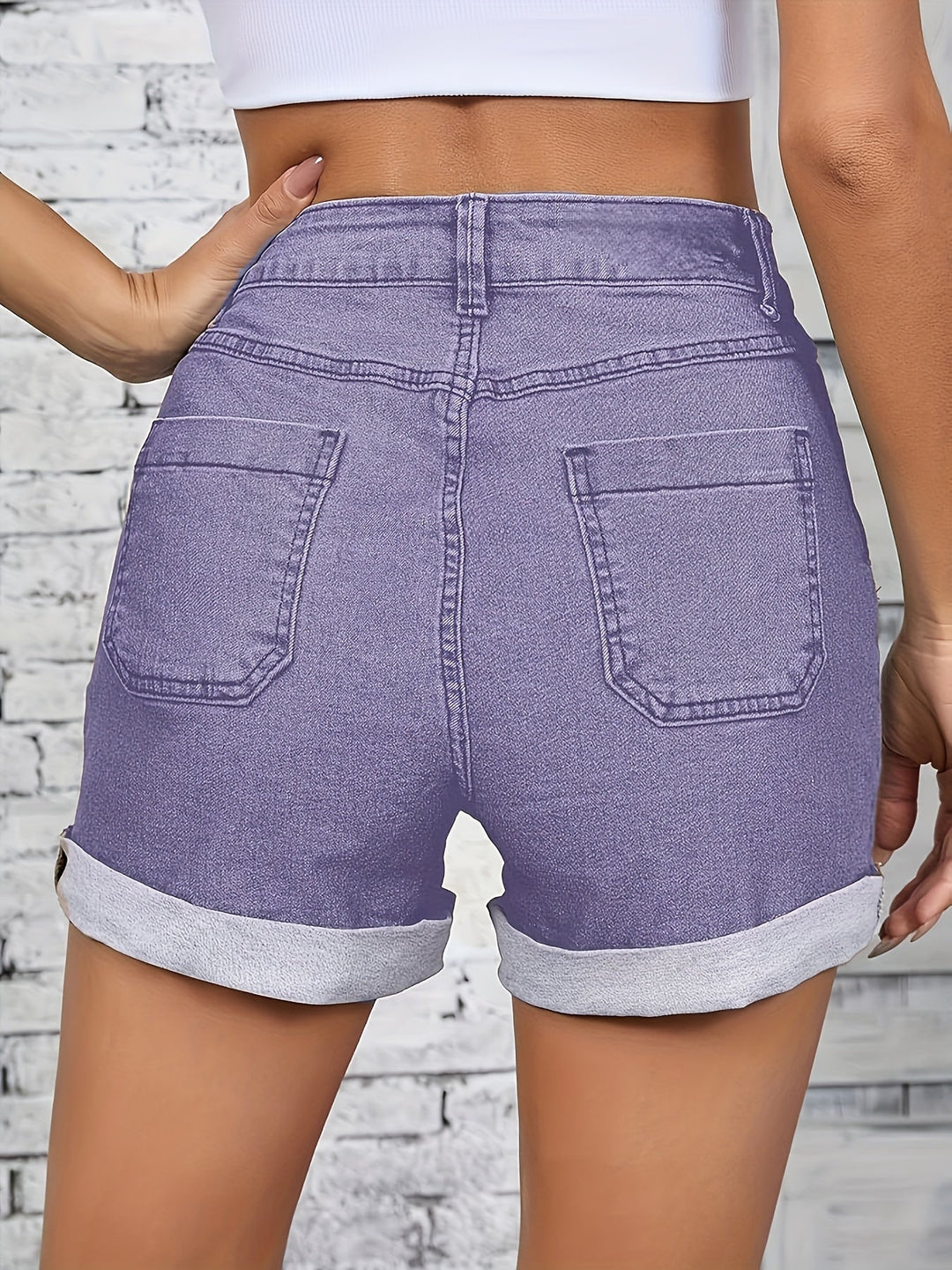 Thelma - Pantaloni Scurți Din Denim Elastic Cu Talie Inaltă Si Nasturi