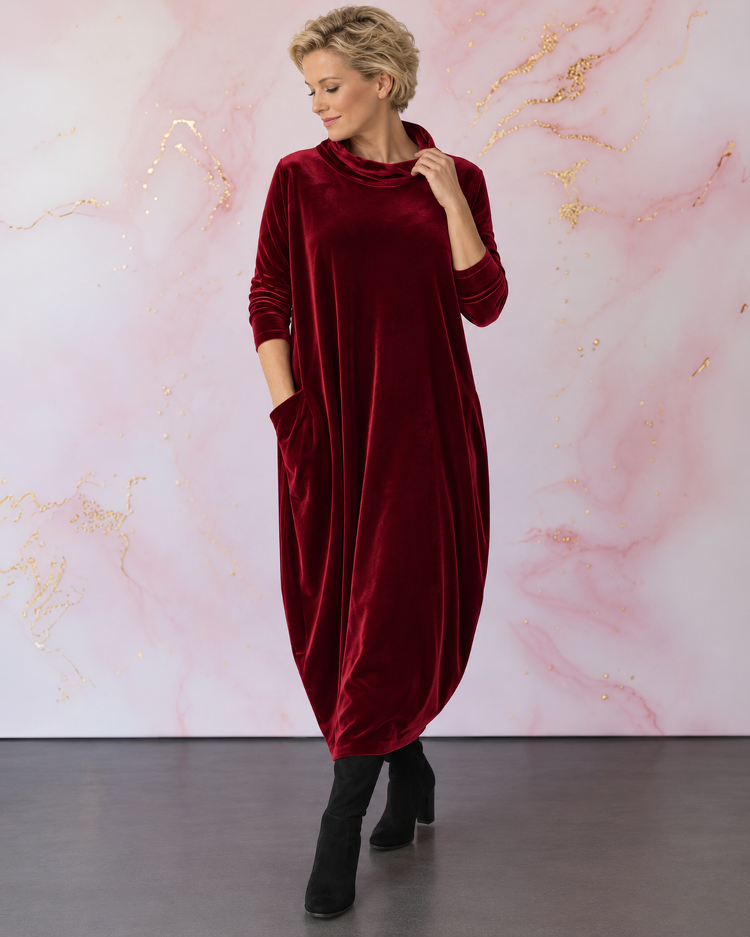 Lellina – Rochie Maxi Din Catifea, Cu Guler Înalt Și Croială Lejeră