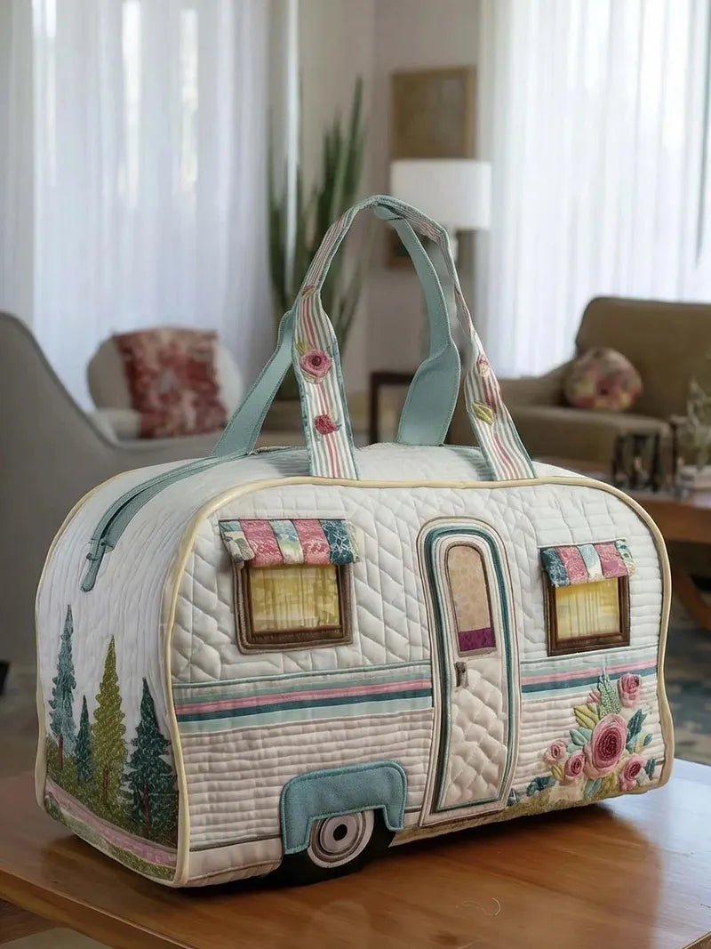 RetroBloom - Geantă de Călătorie Matlasată cu Imprimeu Vintage de Rulotă