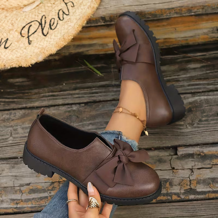 Nargiza - Mocasini Eleganți Cu Vârf Rotund Talpă Groasă Și Fundă Decorativă
