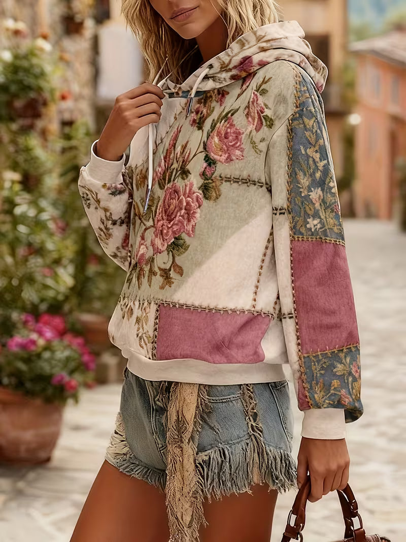 Norella - Bluză Cu Mâneci Lungi Și Glugă, Cu Imprimeu Floral În Stil Patchwork