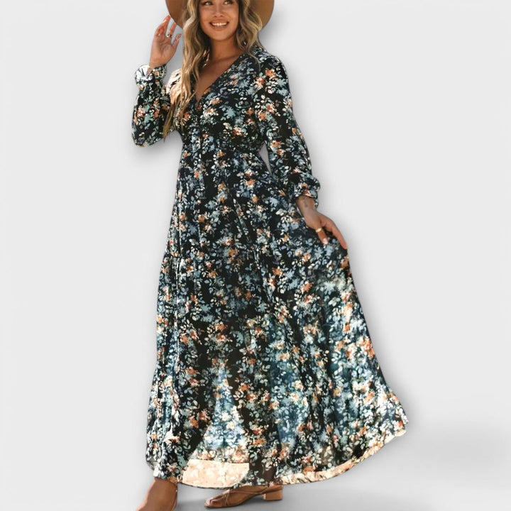 Lukrecija - Rochie lungă cu Imprimeu Floral și Decolteu în V
