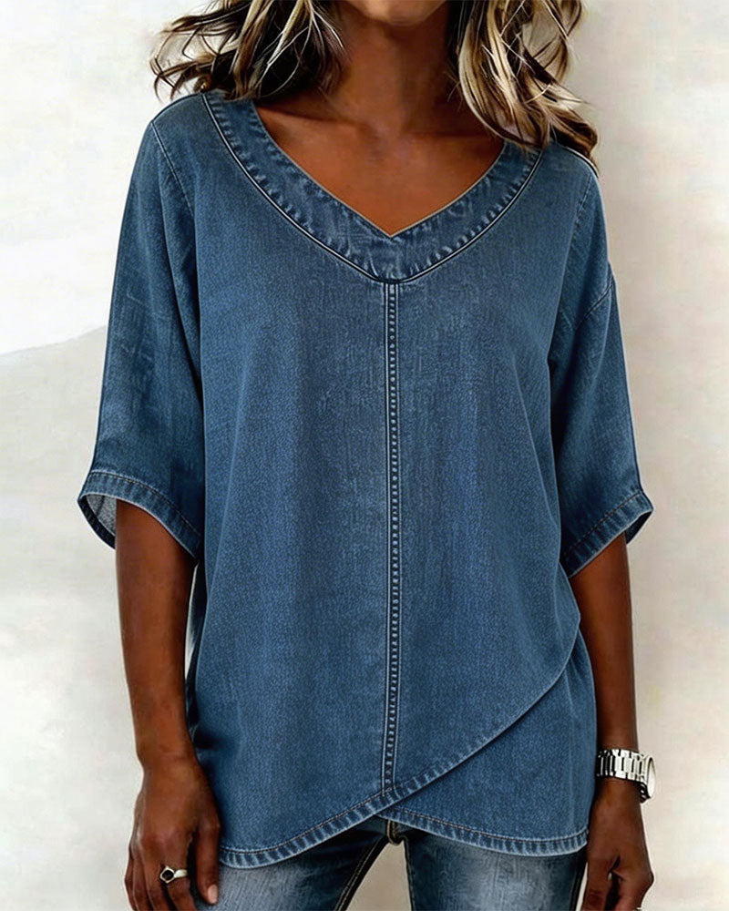 Laritza - Bluză Casual Din Denim Cu Decolteu În V