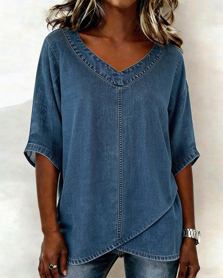 Laritza - Bluză Casual Din Denim Cu Decolteu În V