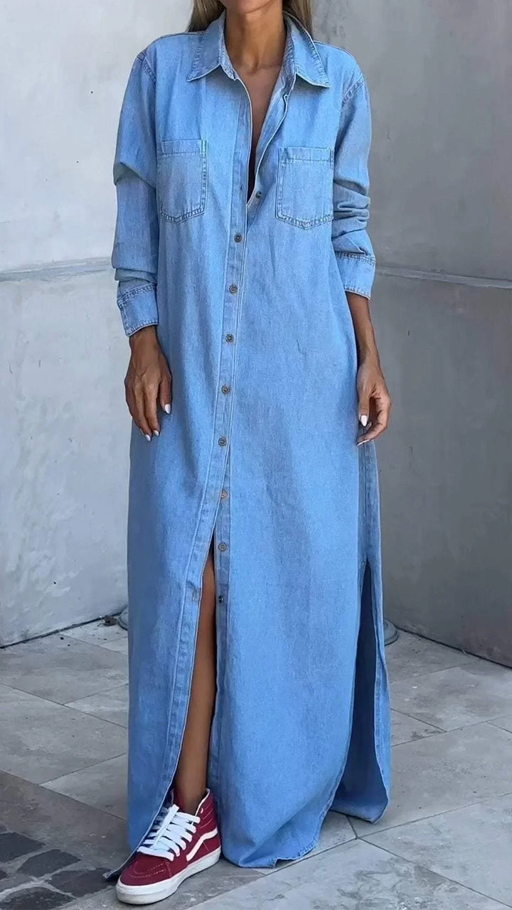 Chondona - Rochie Din Denim Cu Mâneci Lungi Și Revere