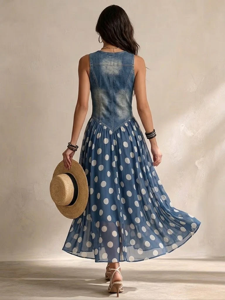 Vylina – Rochie din denim cu fustă din șifon cu buline