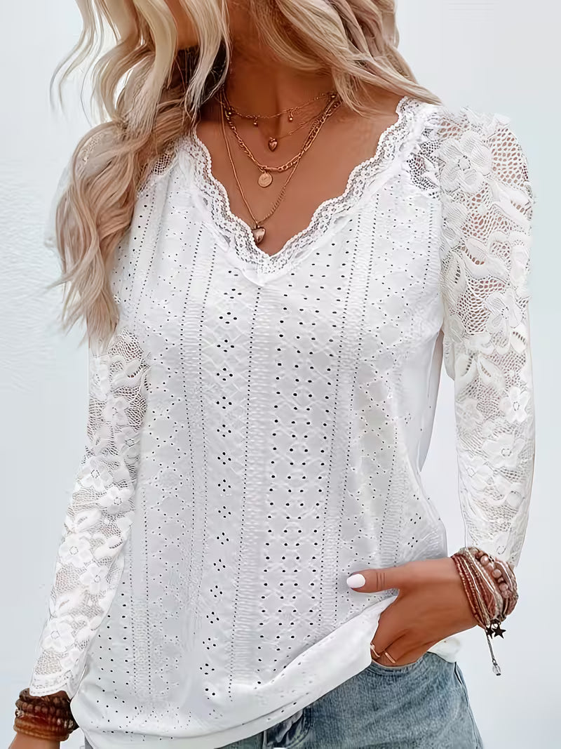 Shaleva - Cămașă Elegantă cu Mâneci Lungi și Decolteu în V Din Dantelă