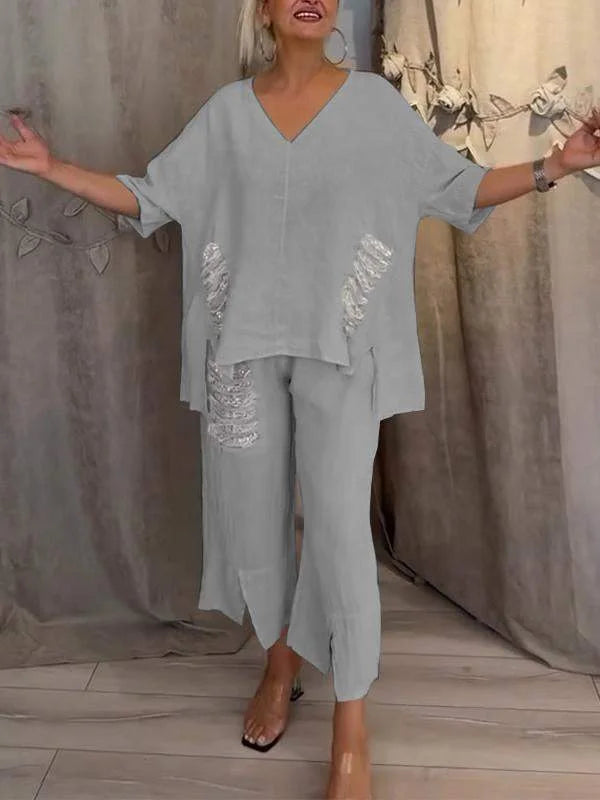 Himashi - Costum Elegant Din Două Piese Din Bumbac și In Cu Decolteu în V