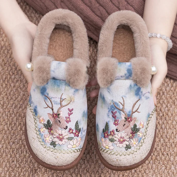Alece - Papuci Retro Din Blană Artificială Cu Broderie în Formă De Cerb