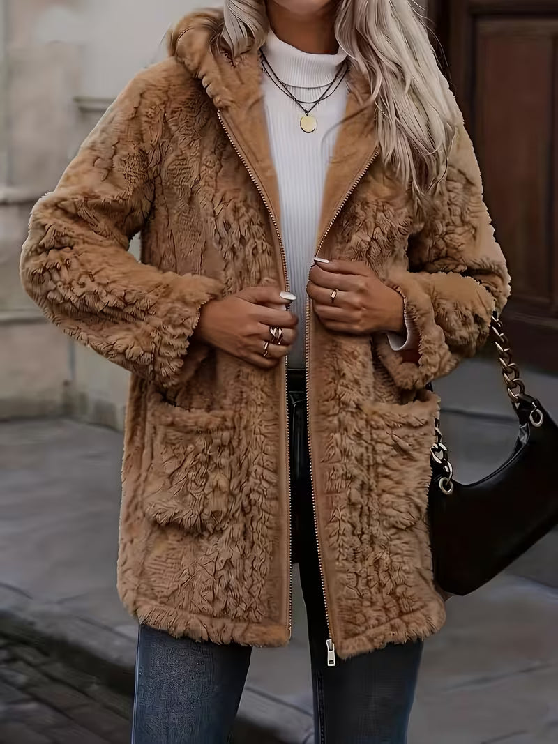Elima – Cardigan Cu Glugă, Din Pluș, Cu Fermoar, PE Ambele Părți