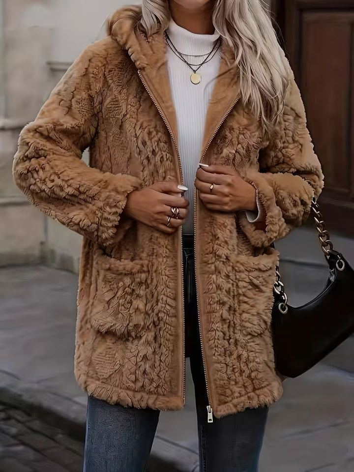 Elima – Cardigan Cu Glugă, Din Pluș, Cu Fermoar, PE Ambele Părți
