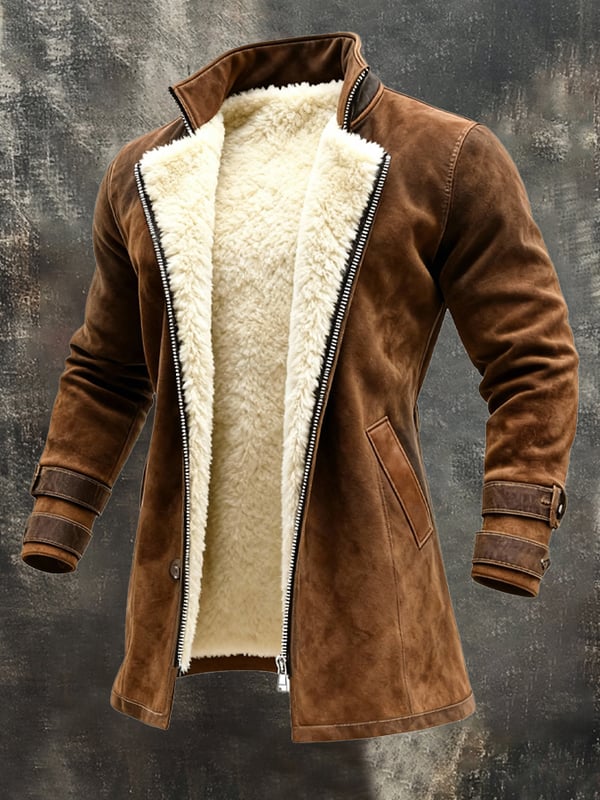 Rakibul - Palton Retro Din Piele și Piele întoarsă Cu Design Patchwork