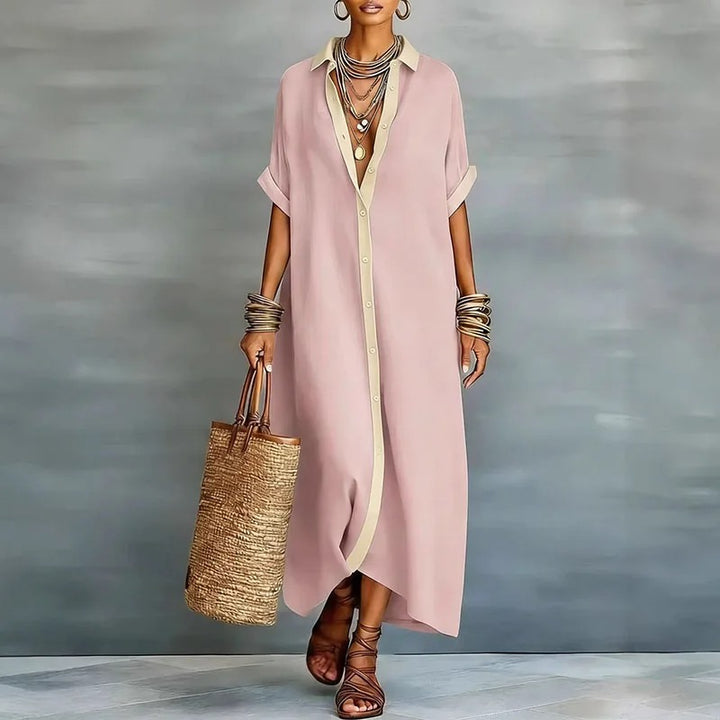 Nerena - Rochie-Cămașă Elegantă, Cu Guler Decupat și Drapaj