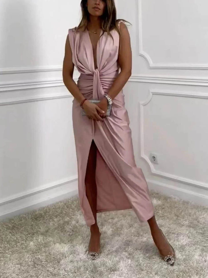 Jolira - Rochie Midi Clasică Cu Fanta Drapată Si Volane