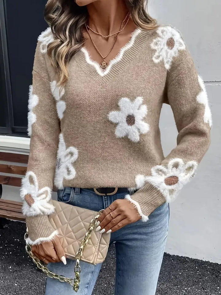 Melanira - Pulover Eleganță Cu Guler In V Si Flori