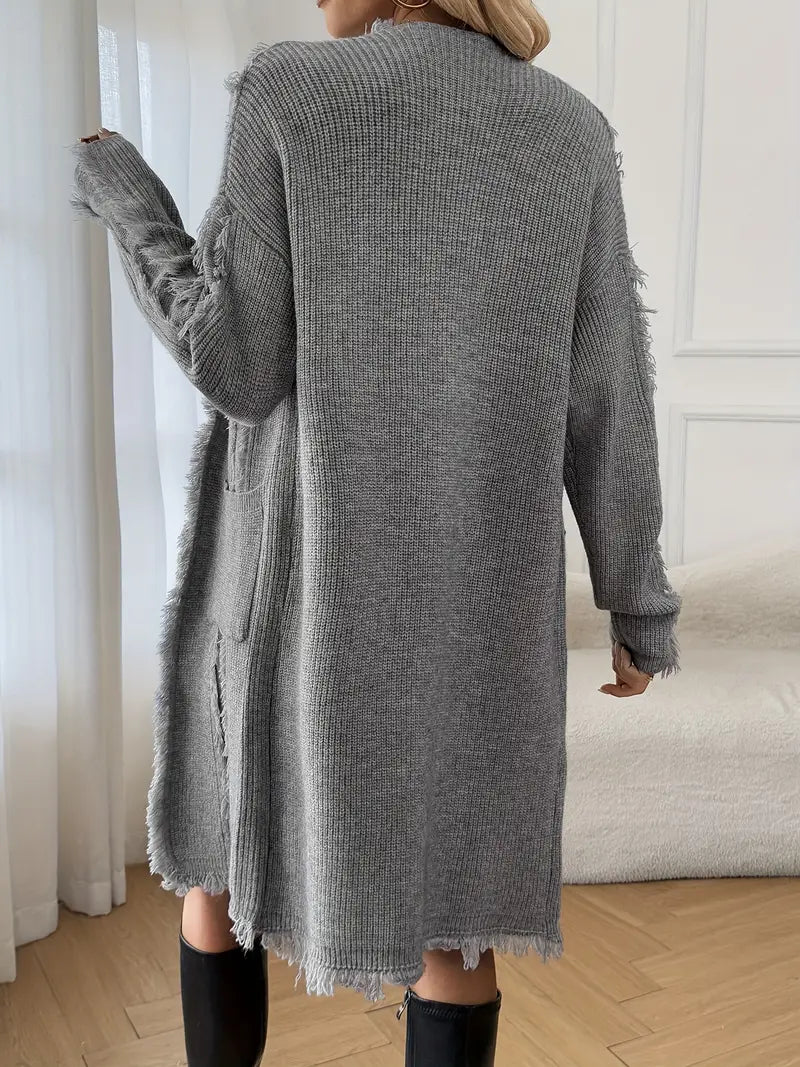 Ramziya - Elegant Lung Ciucure Cardigan Cu Buzunar