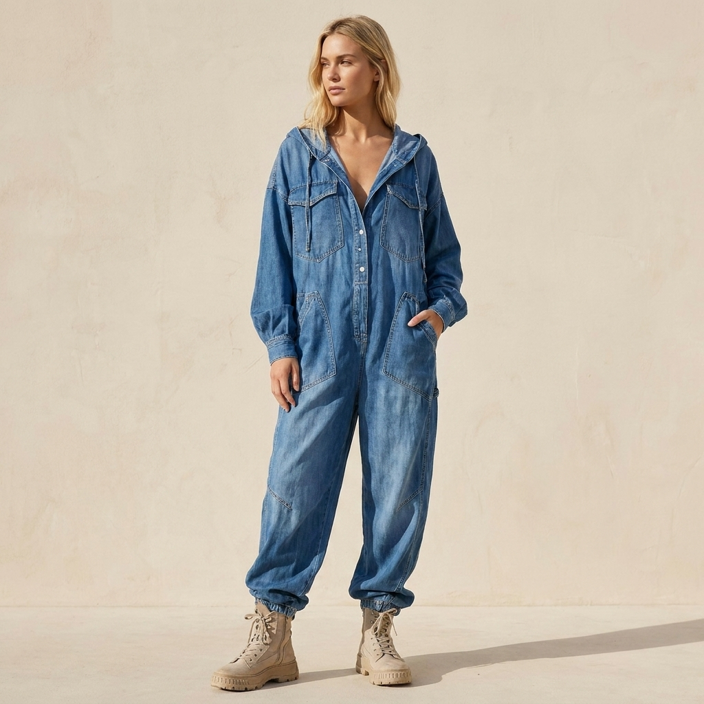 Estielle - Salopetă Din Denim Cu Glugă