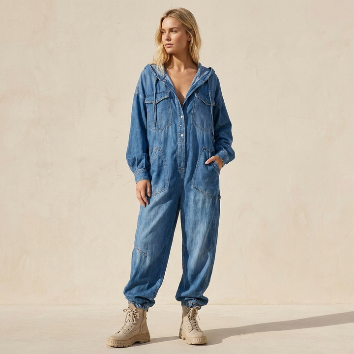 Estielle - Salopetă Din Denim Cu Glugă