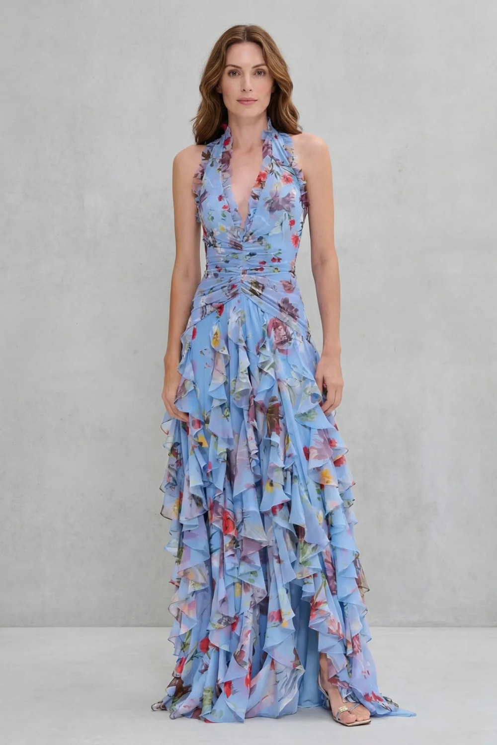 Eliora - Rochie Lungă Cu Decolteu Halter și Imprimeu Floral în Cascadă