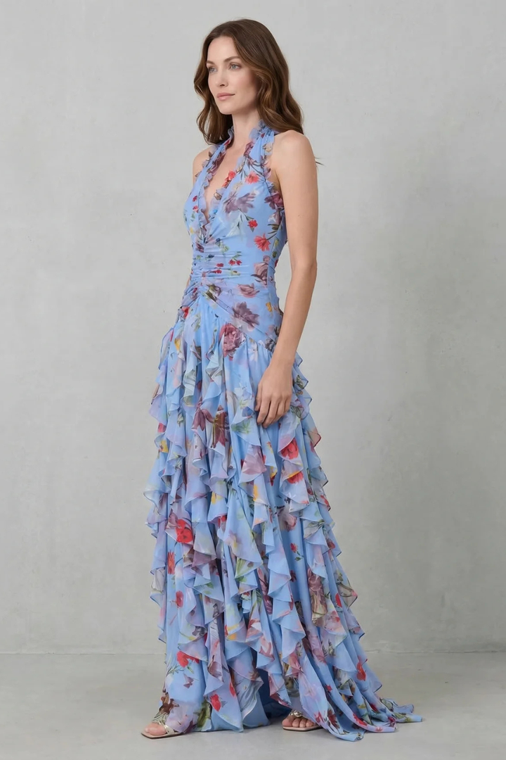 Eliora - Rochie Lungă Cu Decolteu Halter și Imprimeu Floral în Cascadă