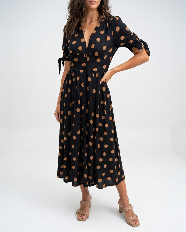 Fabienne - Rochie Midi Elegantă Cu Imprimeu În Buline