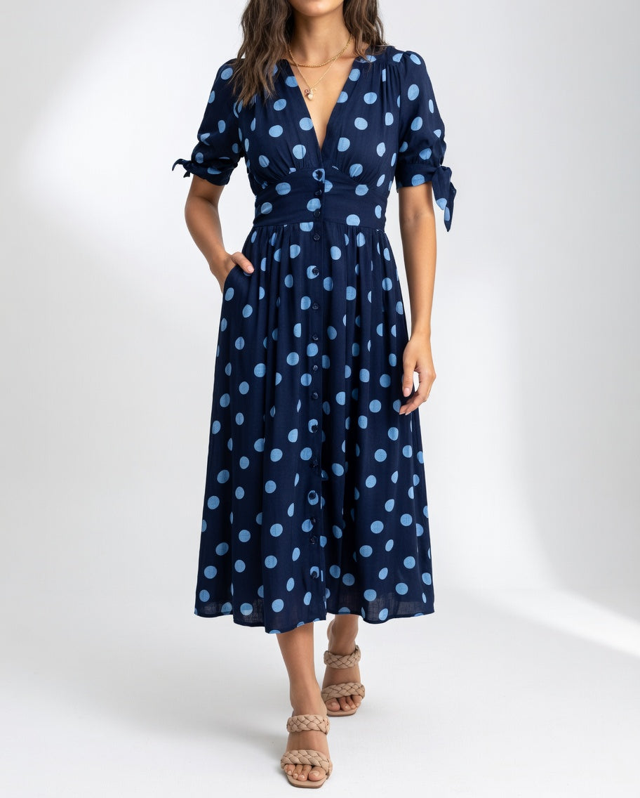 Fabienne - Rochie Midi Elegantă Cu Imprimeu În Buline