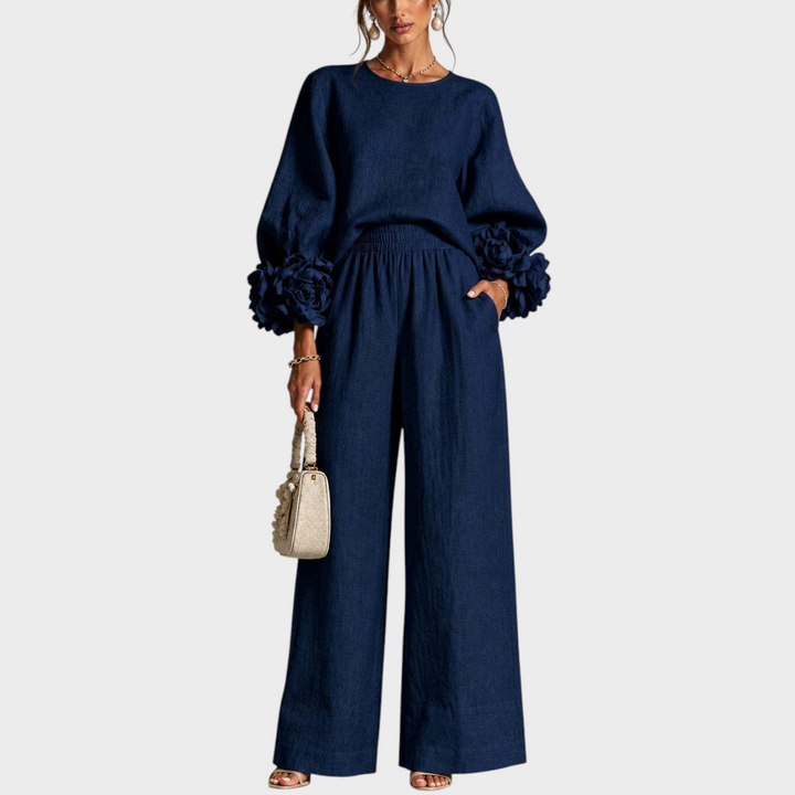 Mersada - Set Compus Din Bluză cu Mâneci Lungi și Imprimeu Floral și Pantaloni cu Croi Larg