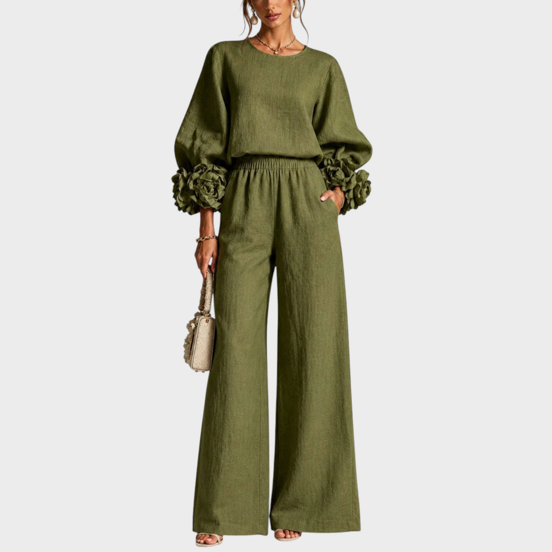Mersada - Set Compus Din Bluză cu Mâneci Lungi și Imprimeu Floral și Pantaloni cu Croi Larg