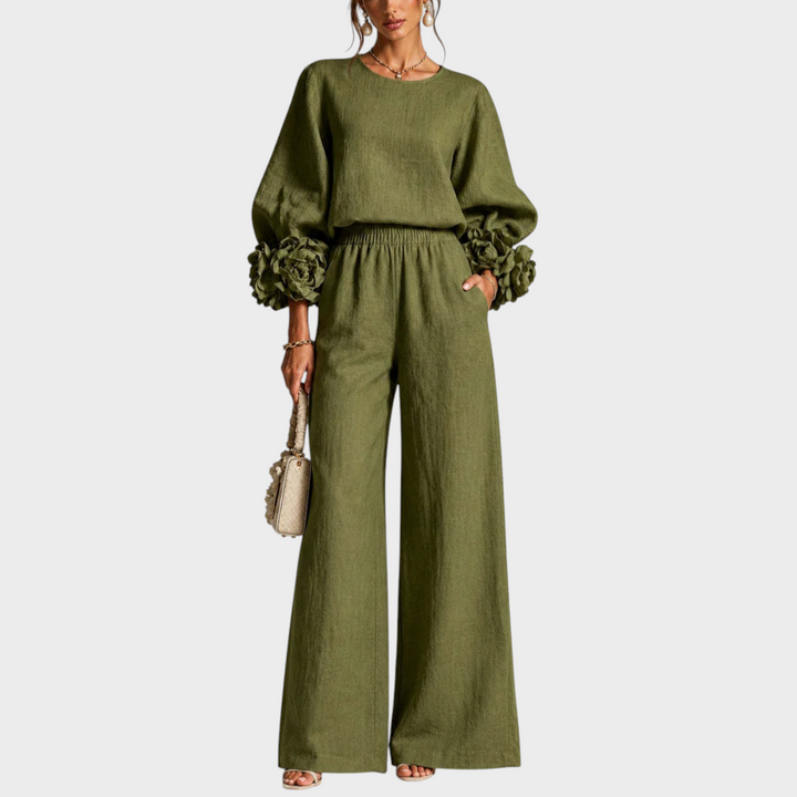 Mersada - Set Compus Din Bluză cu Mâneci Lungi și Imprimeu Floral și Pantaloni cu Croi Larg