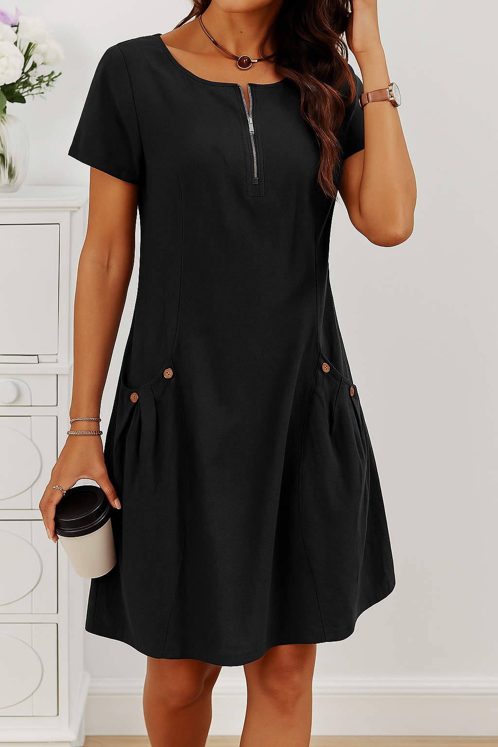 Rudina - Rochie Elegantă Din Bumbac Cu Mânecă Scurtă și Buzunare