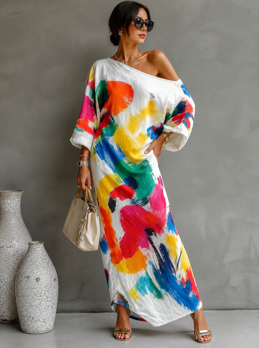 Lorrainen - Rochie Lungă Artistică cu un Singur Umăr