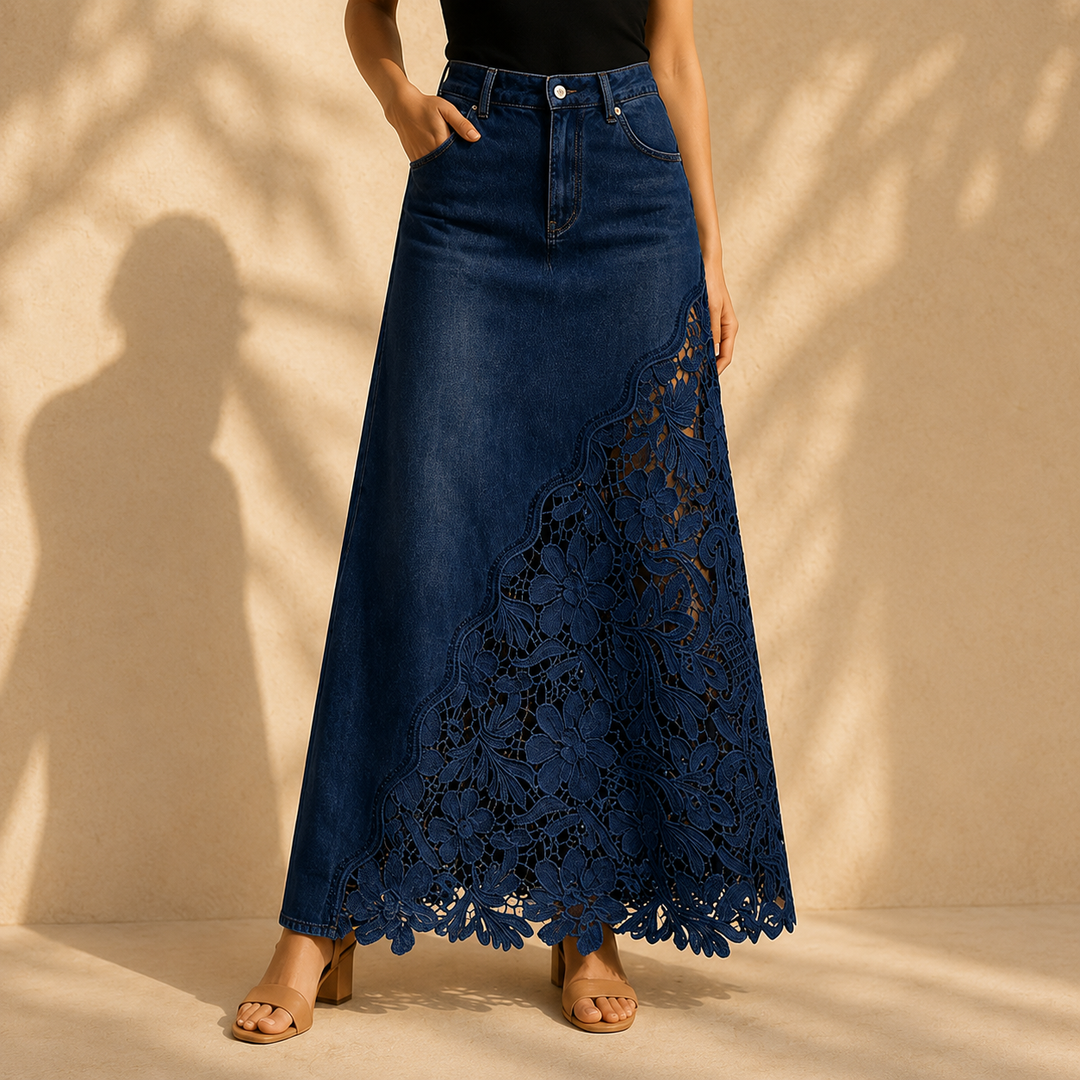 Khaingan - Fustă Lungă Din Denim Cu Dantelă