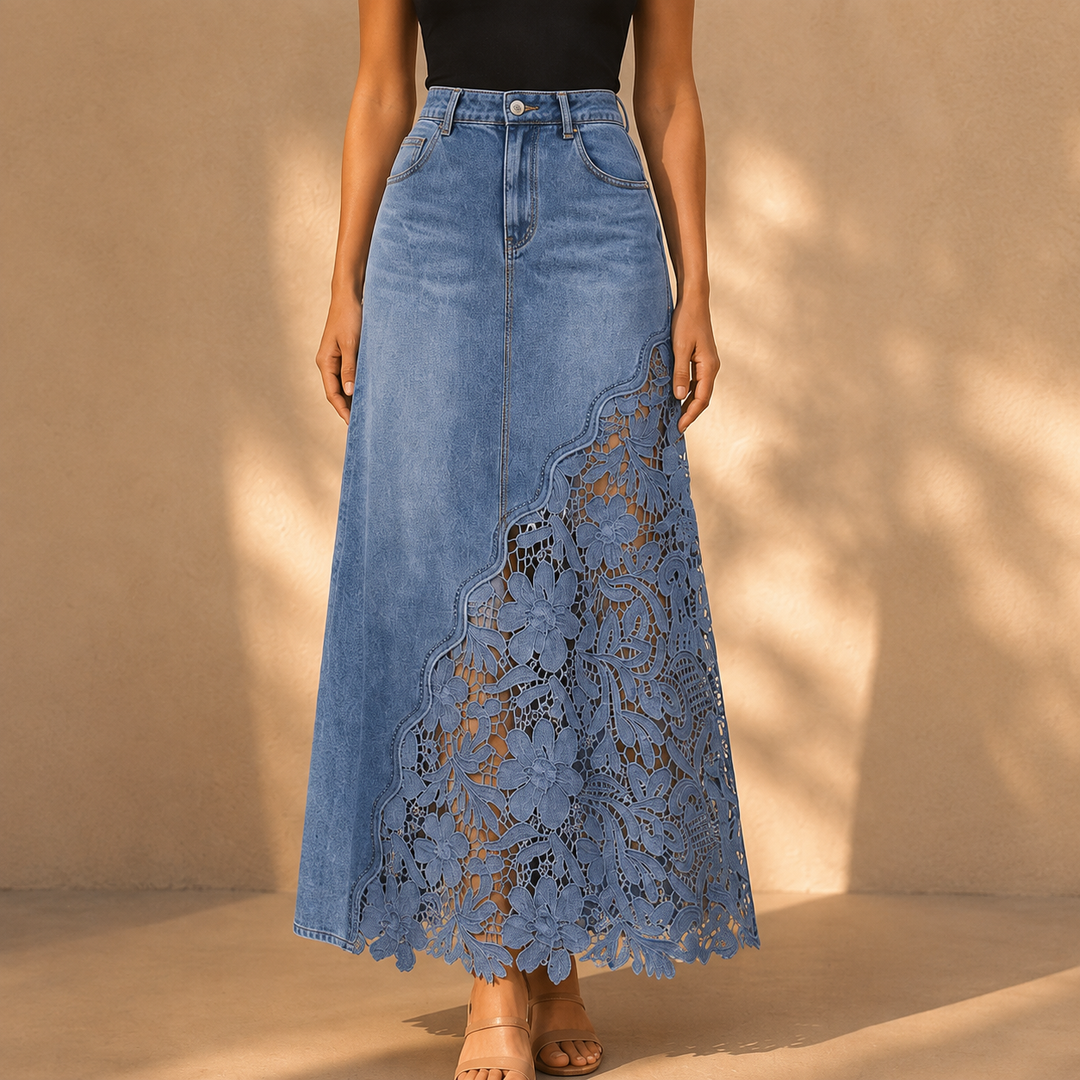 Khaingan - Fustă Lungă Din Denim Cu Dantelă