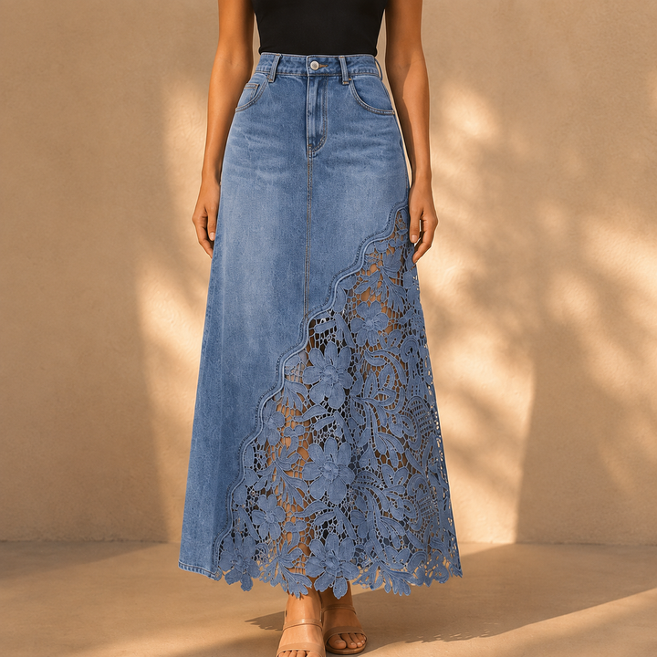 Khaingan - Fustă Lungă Din Denim Cu Dantelă