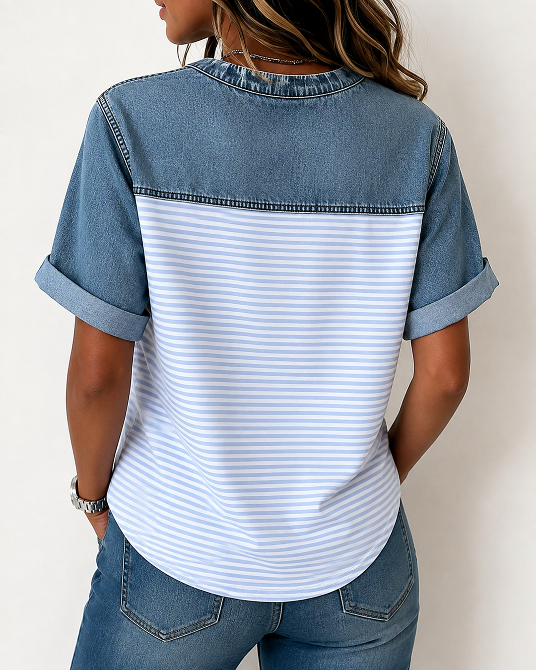 Tessie - Bluză Din Denim Cu Inserții În Dungi