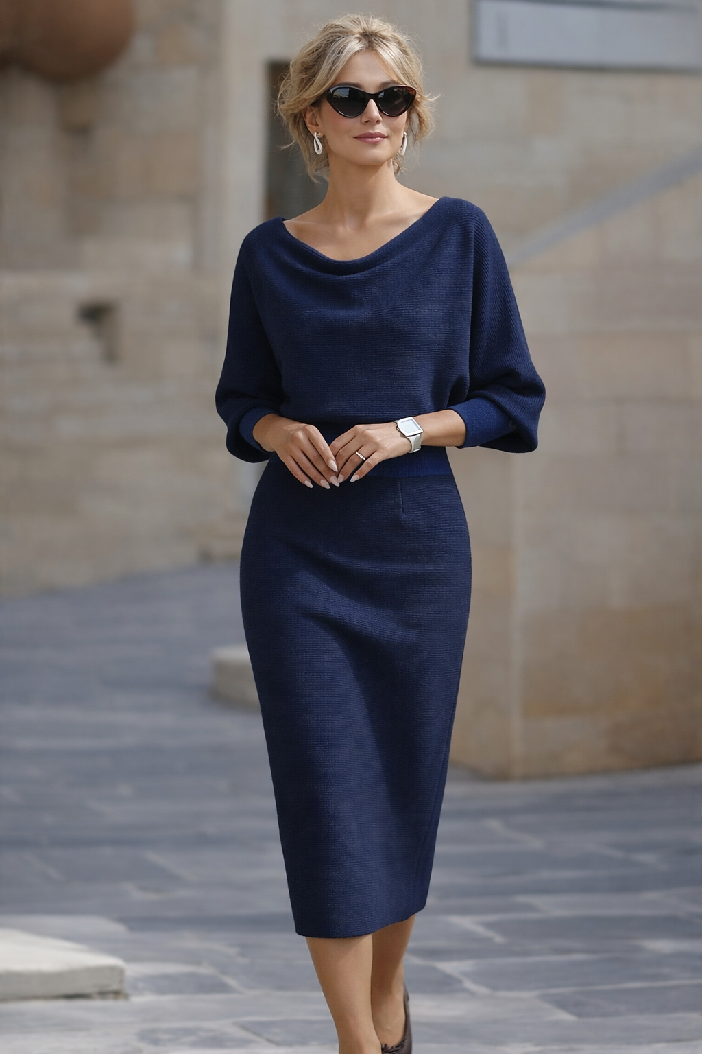 Amyy - Rochie Midi Elegantă Cu Mâneci Lungi