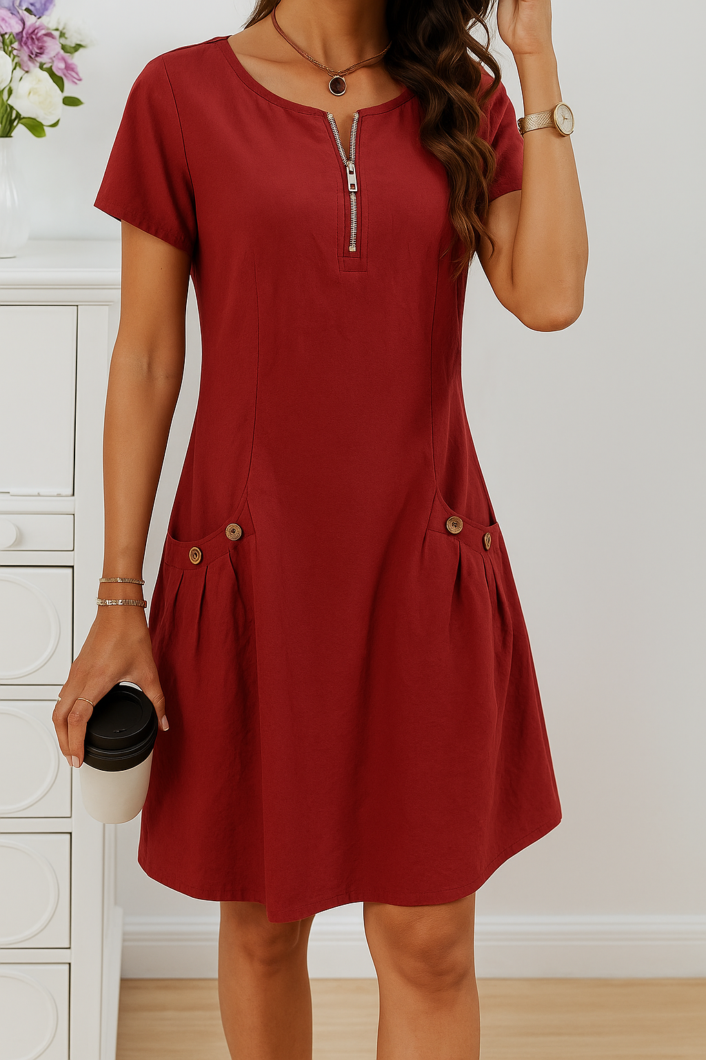 Rudina - Rochie Elegantă Din Bumbac Cu Mânecă Scurtă și Buzunare