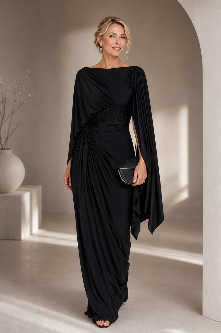 Mirona - Rochie Maxi Plisată Cu Capă