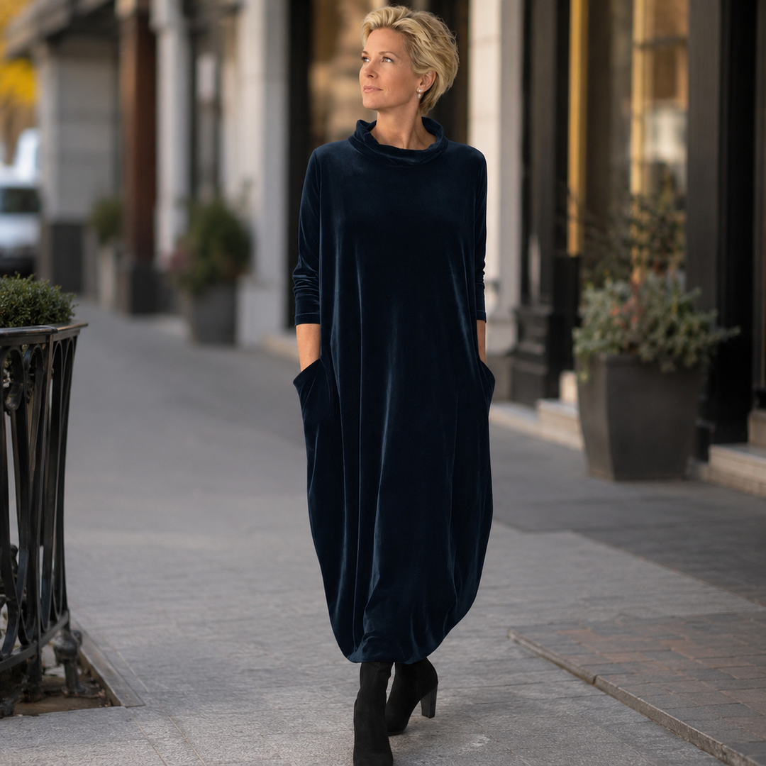 Lellina – Rochie Maxi Din Catifea, Cu Guler Înalt Și Croială Lejeră