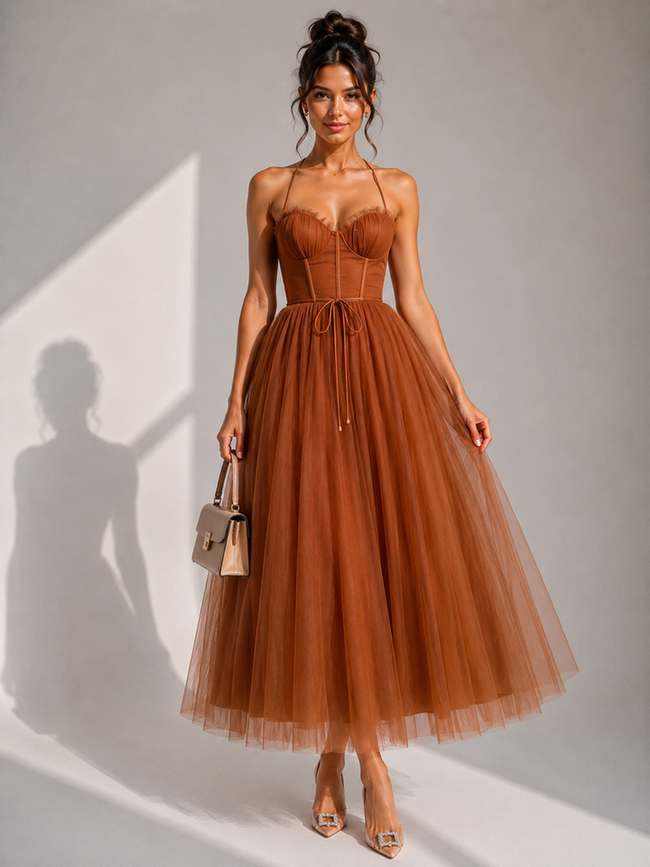 Chiyoko - Rochie Midi Elegantă Cu Spatele Decupat