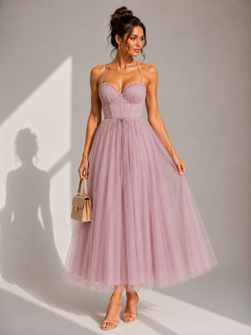 Chiyoko - Rochie Midi Elegantă Cu Spatele Decupat