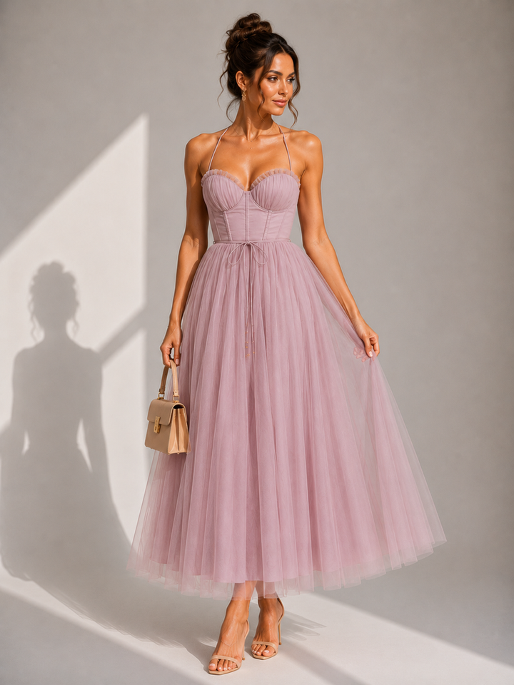 Chiyoko - Rochie Midi Elegantă Cu Spatele Decupat