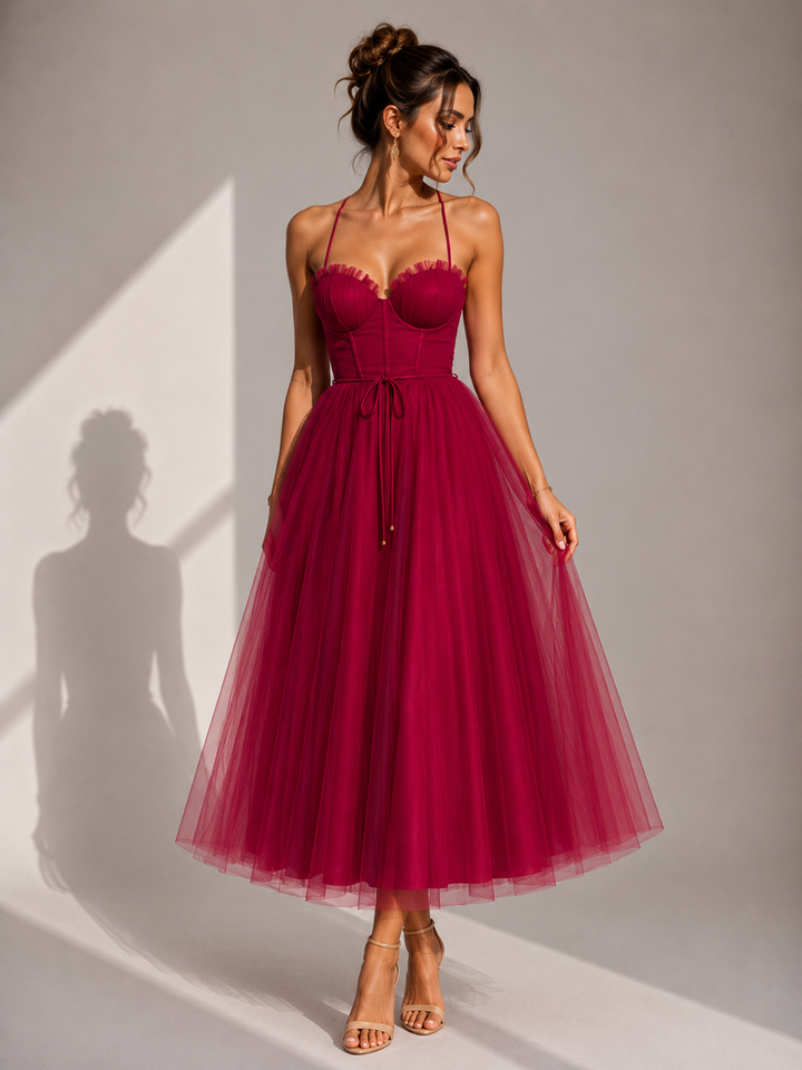 Chiyoko - Rochie Midi Elegantă Cu Spatele Decupat