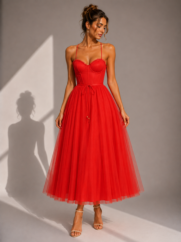 Chiyoko - Rochie Midi Elegantă Cu Spatele Decupat